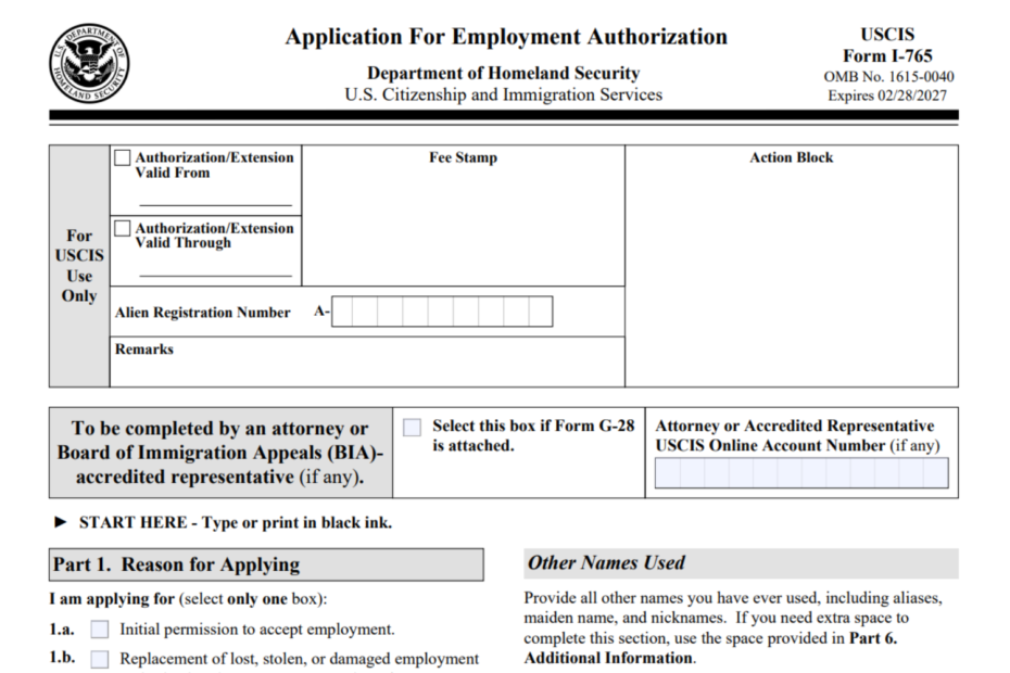 Recorte del Formulario I-765 para solicitar el permiso de trabajo en USA